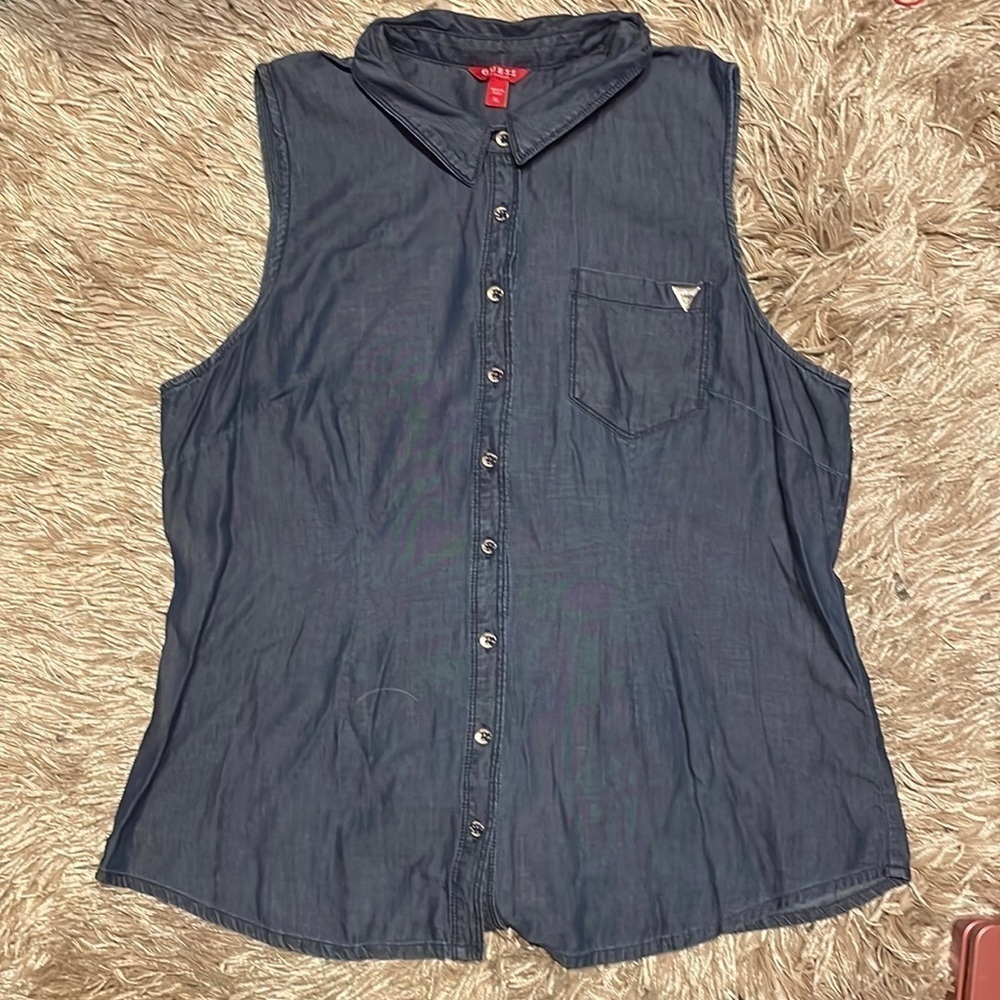 Guess Blue Sleeveless Button Down‎ Top